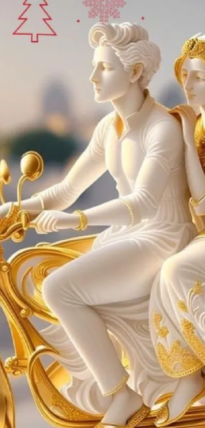 Sculpted couple riding a golden motorbike surrounded by flowers.