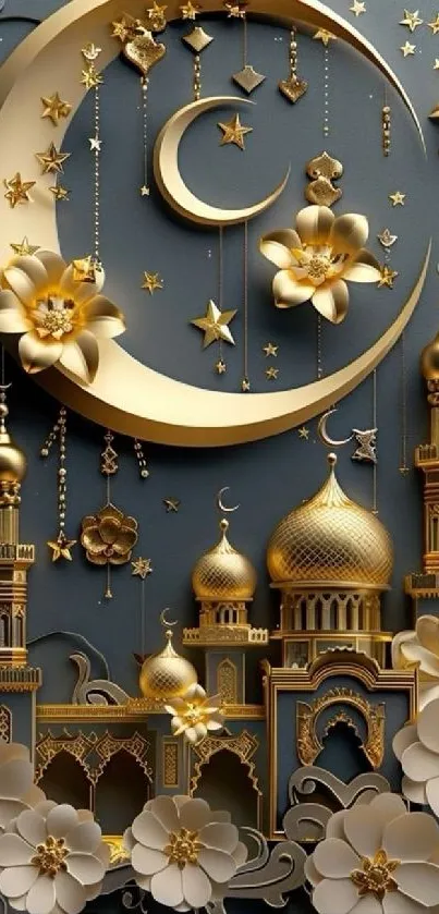 Elegant wallpaper with gold crescent moon and stars design.