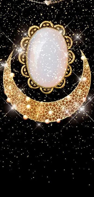 Elegant gold crescent moon with pearls on black background.