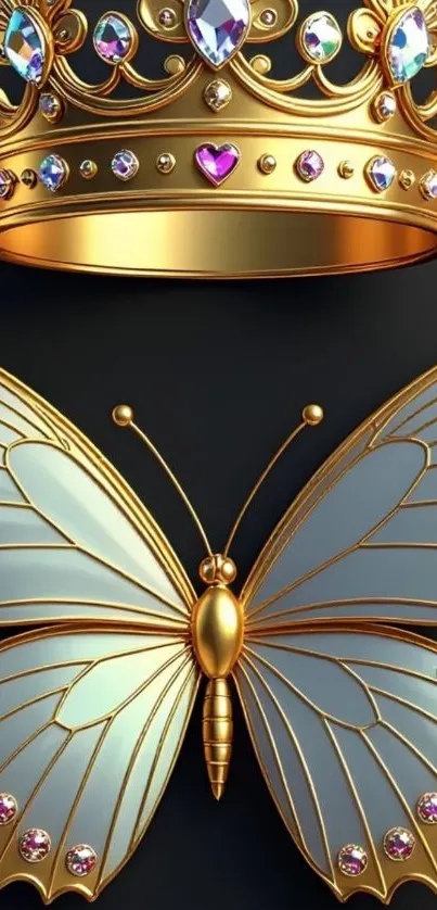 Gold crown and jeweled butterfly on dark background.