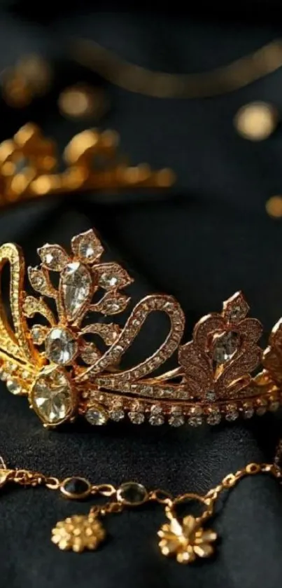 An elegant gold crown with sparkling jewels on a dark background.