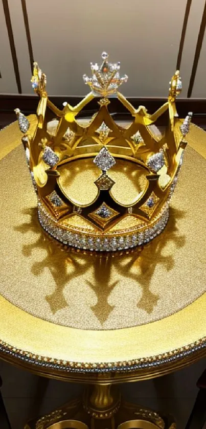 Elegant gold crown with jewels on table top.