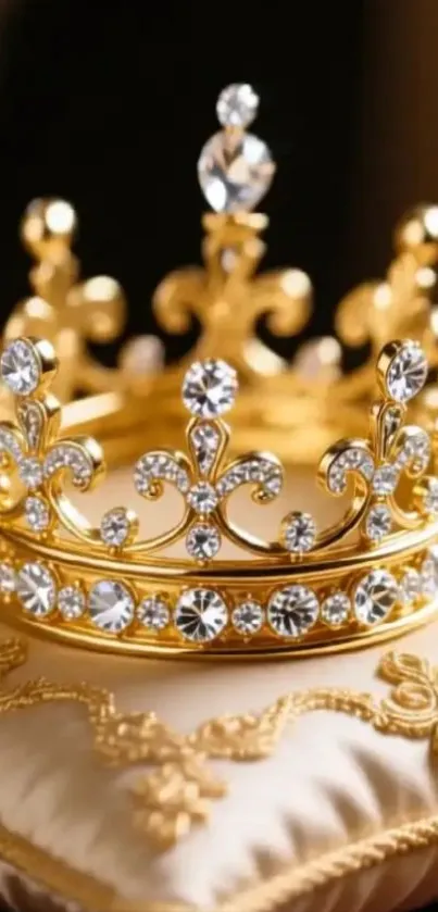 Gold crown with jewels on a pillow.