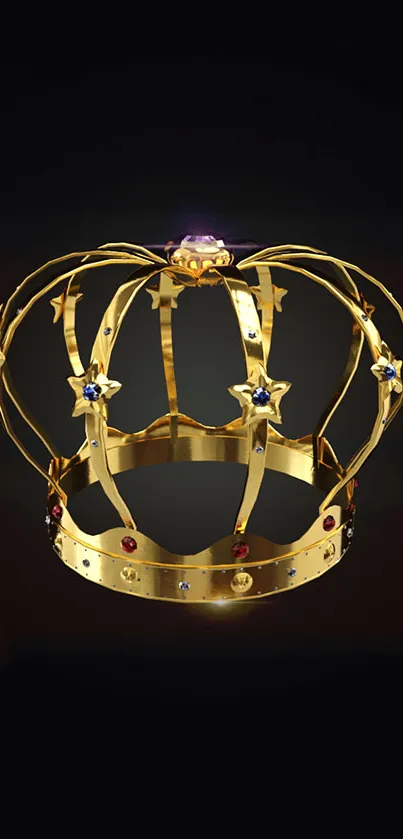 Golden crown with jewels on a dark background.