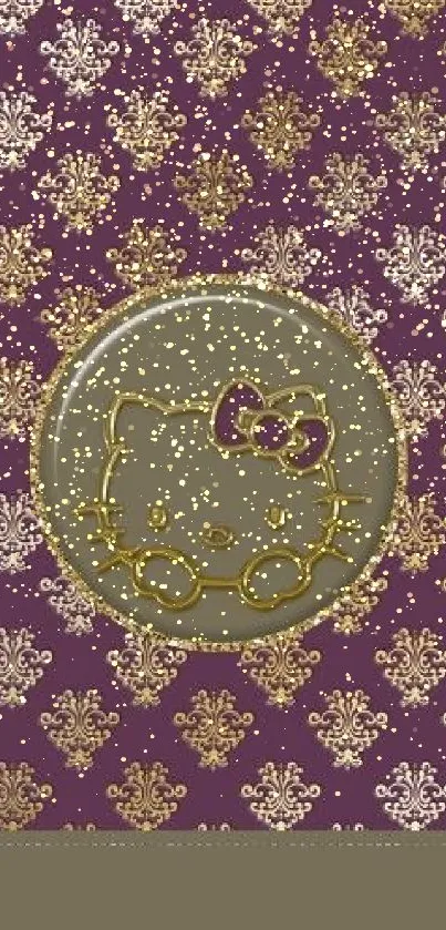 Gold design on purple damask mobile wallpaper.