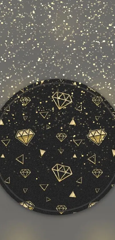 Black wallpaper with gold diamond and triangle pattern.