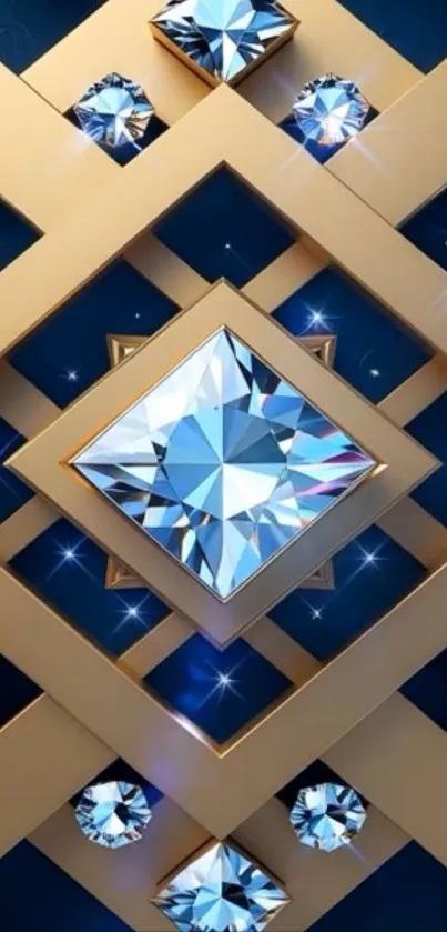 Luxurious gold lattice with diamonds on blue background wallpaper.