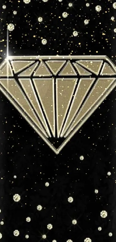 Gold diamond on black with sparkling gems wallpaper.