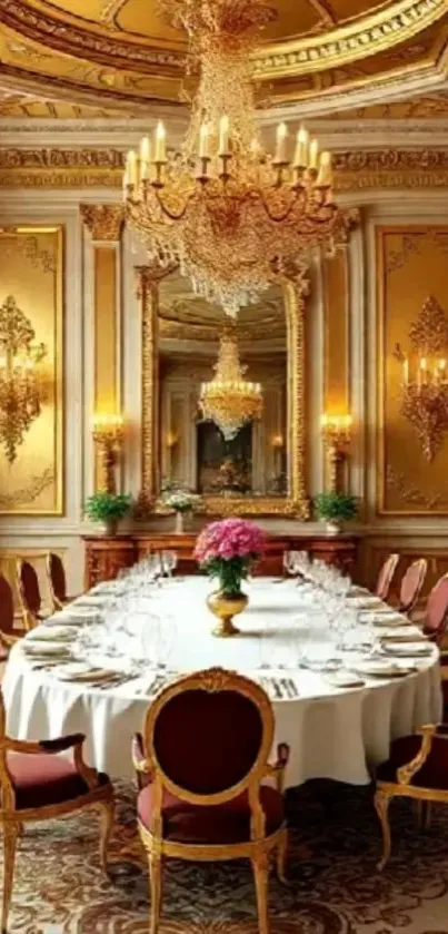 Luxurious gold dining room with chandelier.