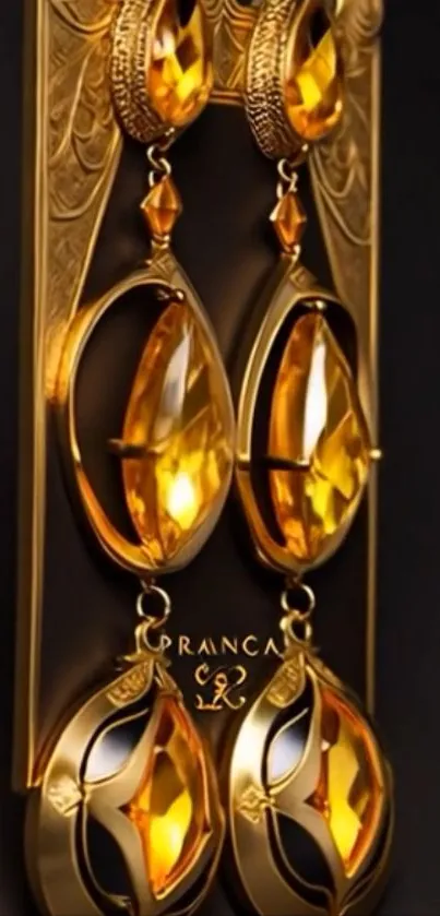 Elegant gold earrings against dark background.