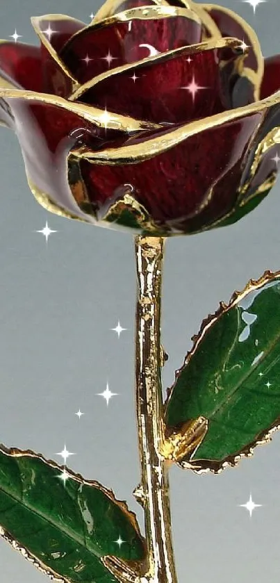 Elegant red rose with gold edges and green leaves in artistic design.