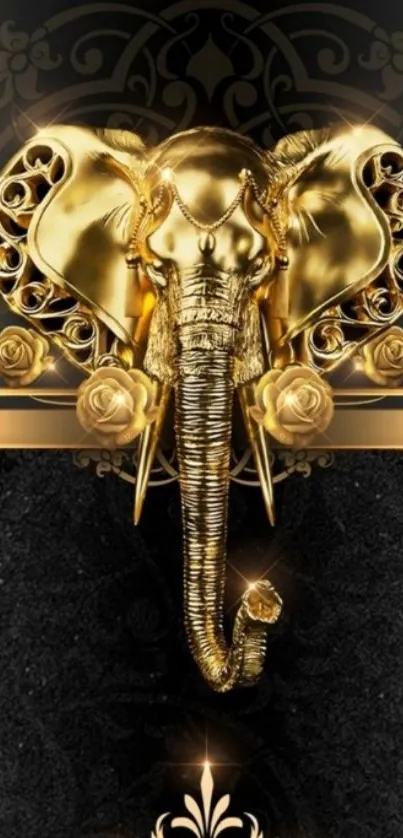 Golden elephant design on black background mobile wallpaper.