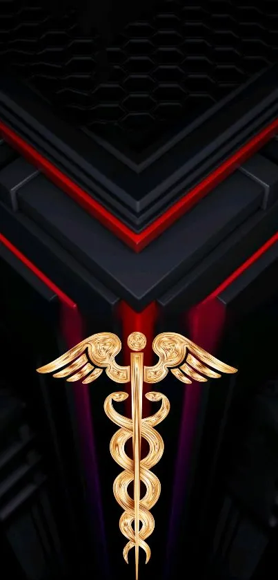 Black wallpaper with gold caduceus emblem and red accents.