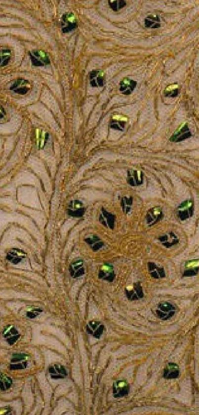 Intricate gold embroidery with green accents wallpaper.