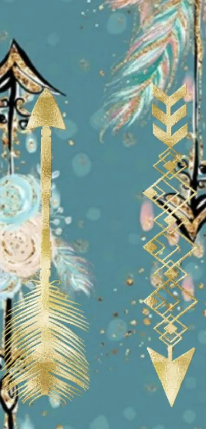 Elegant gold feather arrows on a teal background mobile wallpaper.