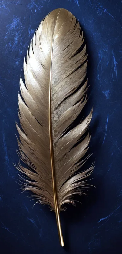 Gold feather on blue marble background wallpaper