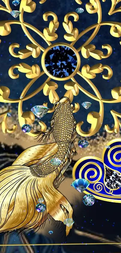 Luxurious gold fish wallpaper with jewels on deep blue background.