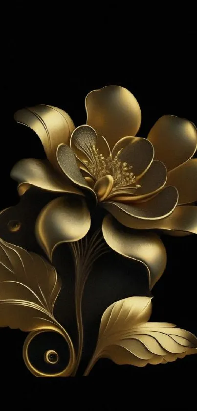 Gold flower artwork on black background, elegant mobile wallpaper.