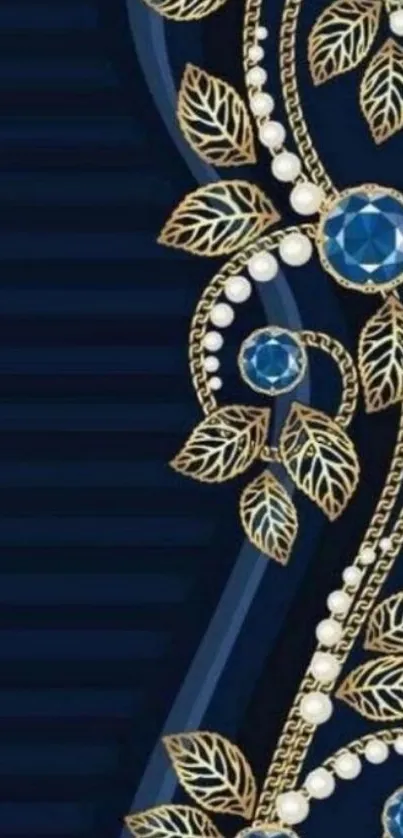 Elegant blue and gold floral wallpaper with jewels.