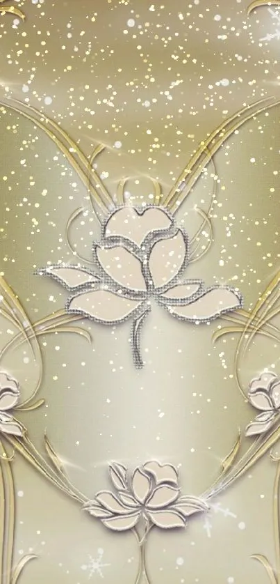 Elegant gold floral wallpaper with subtle sparkles and intricate design.