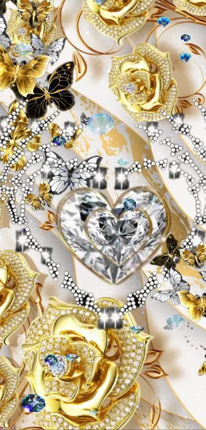 Gold roses and butterflies with diamonds wallpaper.