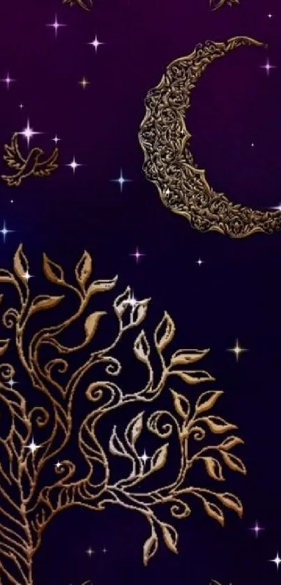 Elegant wallpaper with gold floral designs and crescent moon on deep purple.