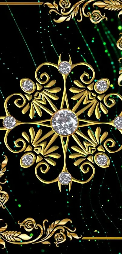 Elegant gold floral motif with diamonds on dark green background.