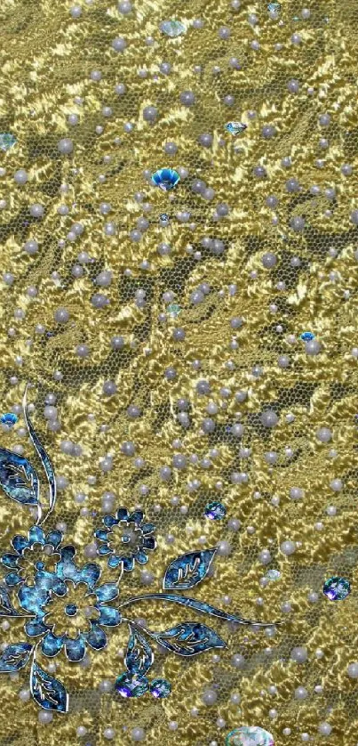 Gold floral wallpaper with blue embroidery details.