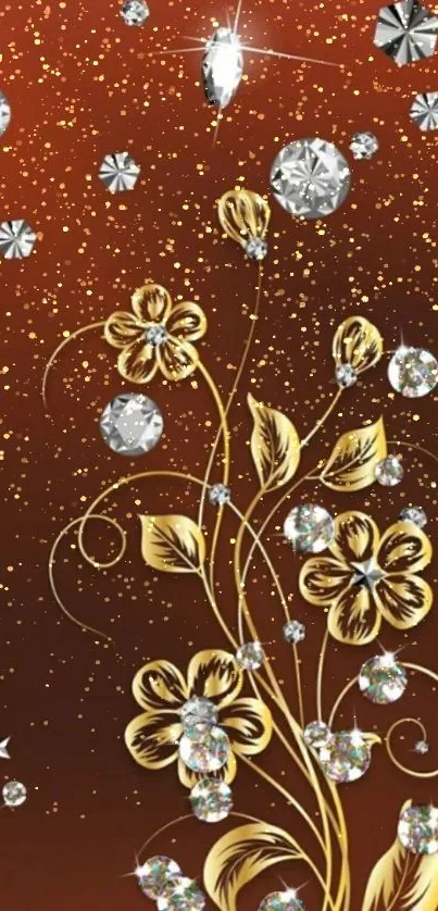 Gold floral mobile wallpaper with diamond accents on a brown background.