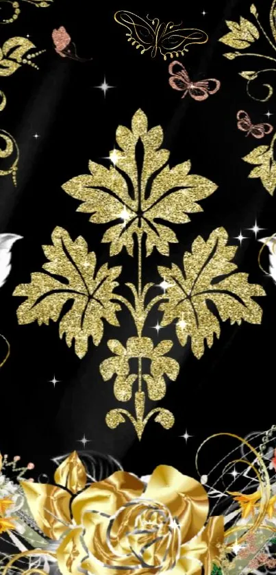 Elegant gold and floral mobile wallpaper with butterflies and roses on black.