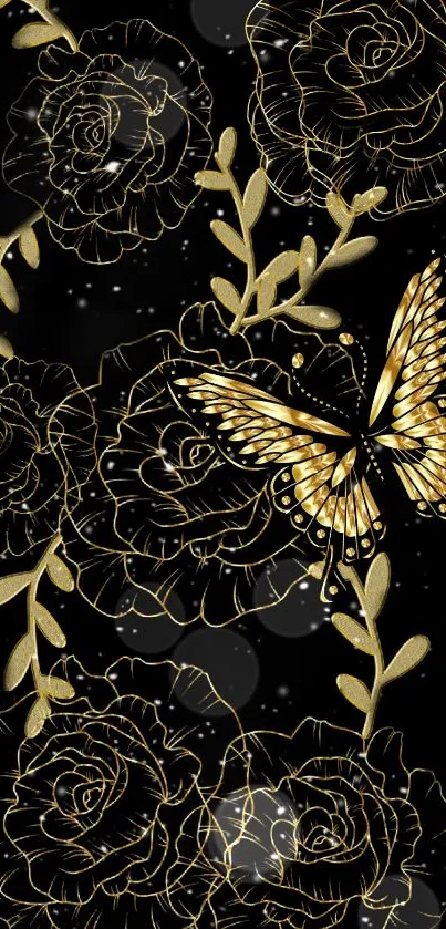 Elegant gold floral and butterfly design on a black background for phone wallpaper.