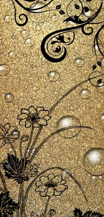 Gold floral wallpaper with black swirls and flowers.