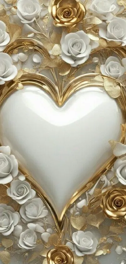 Elegant gold and white floral heart wallpaper with roses.