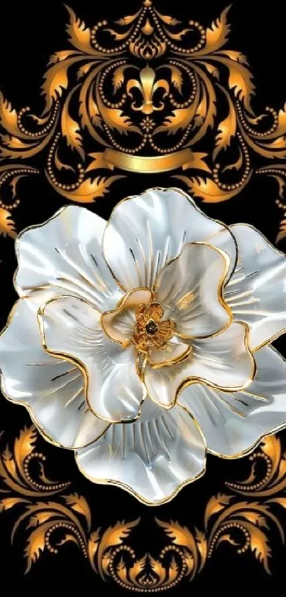 Elegant gold baroque wallpaper with white flower design.