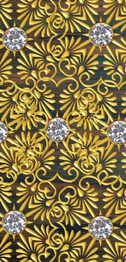 Elegant gold floral phone wallpaper with diamond accents.