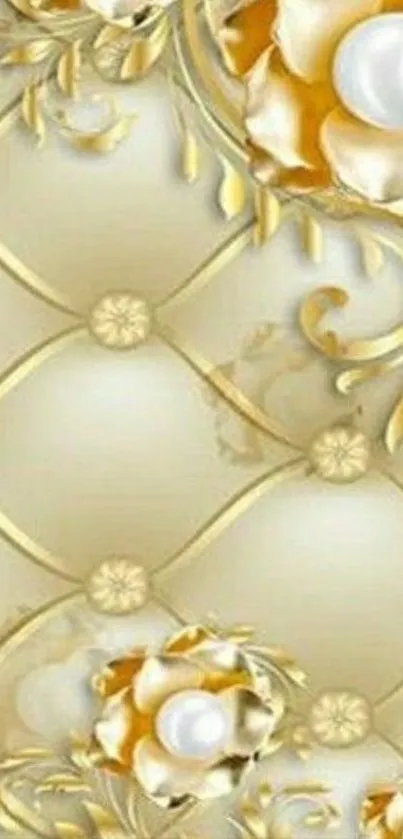 Luxurious gold floral wallpaper with pearls and intricate design elements.