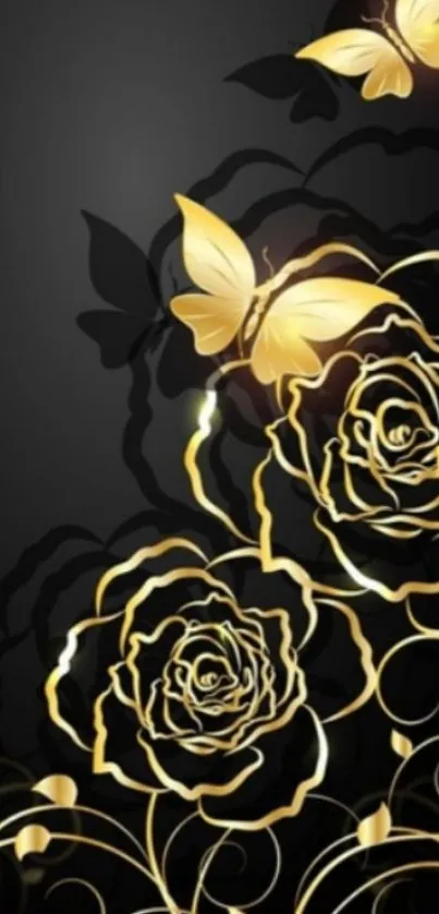 Elegant gold roses and butterflies on black background wallpaper.