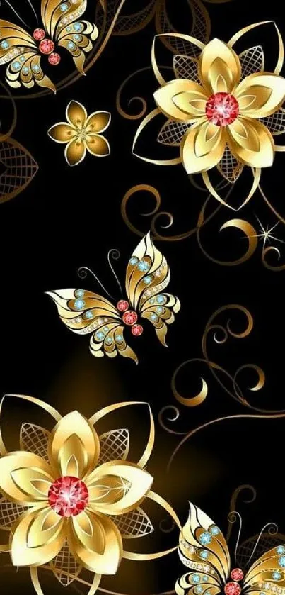 Elegant mobile wallpaper with gold flowers and butterflies on a dark background.