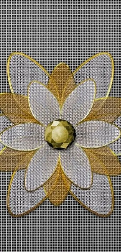 Elegant wallpaper with gold flower on gray background.