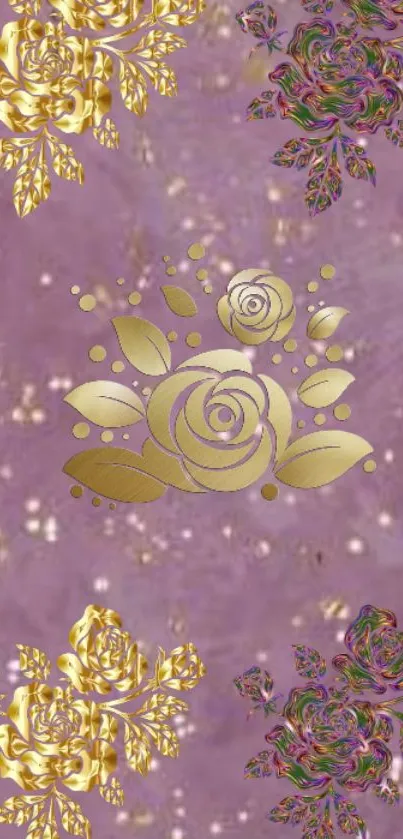 Elegant purple wallpaper with gold floral design and shimmering details.