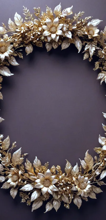 Beautiful gold floral wreath on elegant wallpaper background.