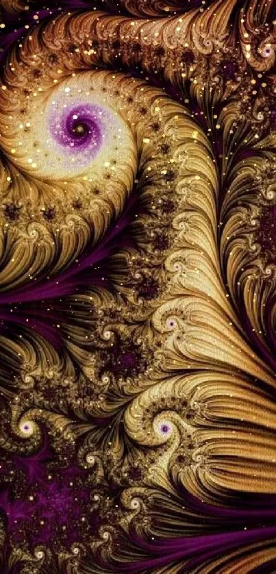 Elegant gold fractal art with purple accents on a mobile wallpaper.