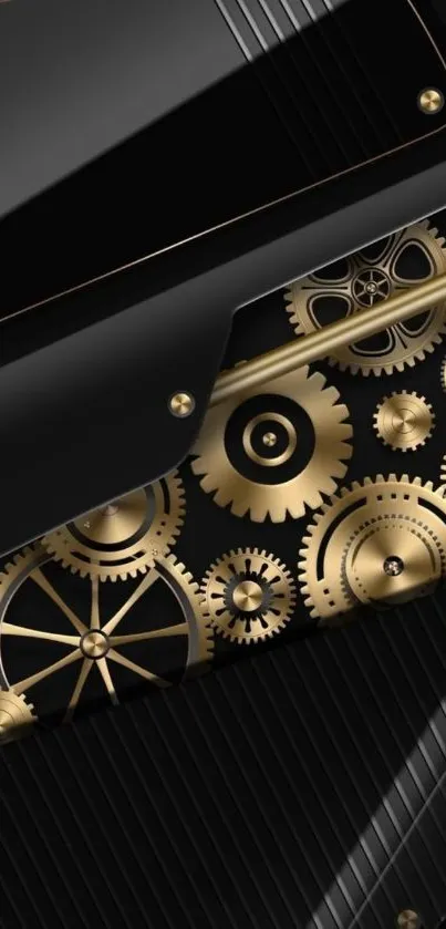 Elegant wallpaper with gold gears on black background.