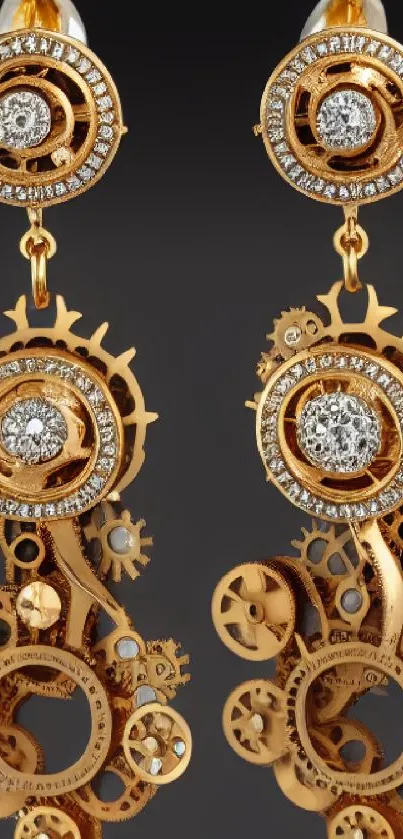 Elegant gold gear earrings with sparkling gems on a dark background.