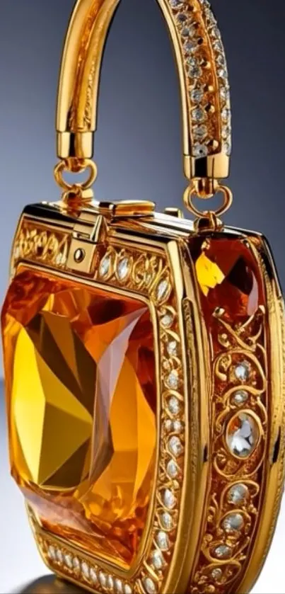 Luxurious gold handbag with gemstone handle.