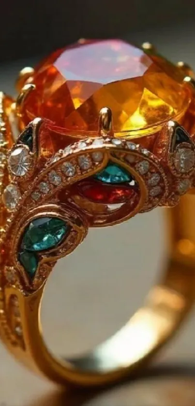 Gold ring with large gemstone and diamonds.