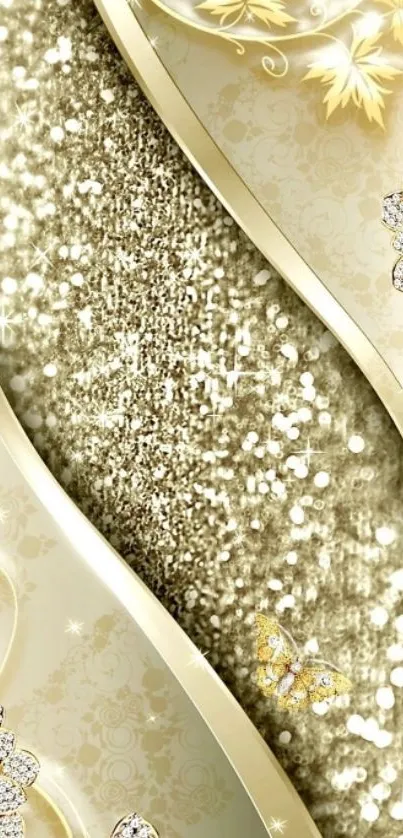 Elegant gold glitter phone wallpaper with floral accents.