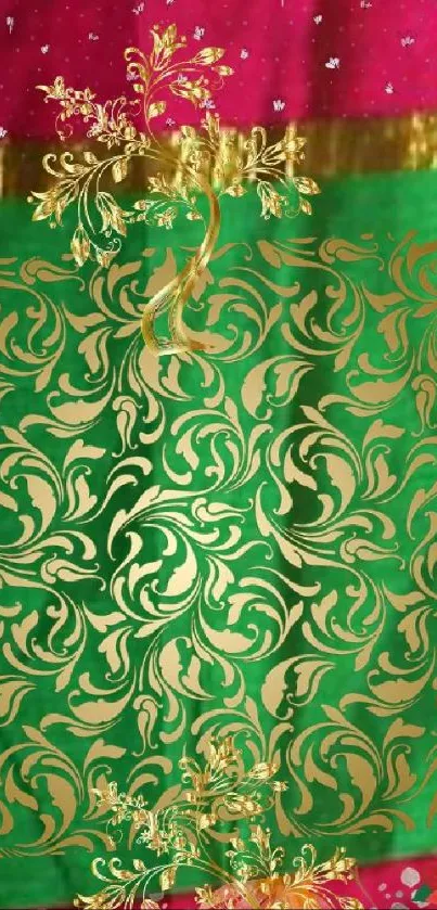 Mobile wallpaper with gold and green floral patterns.