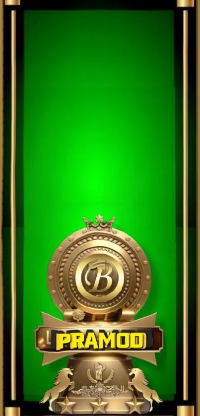 Green and gold mobile wallpaper with elegant emblem design.