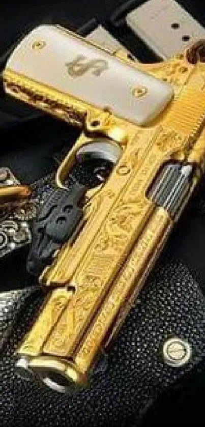 Luxurious golden gun with intricate designs on a stylish background.